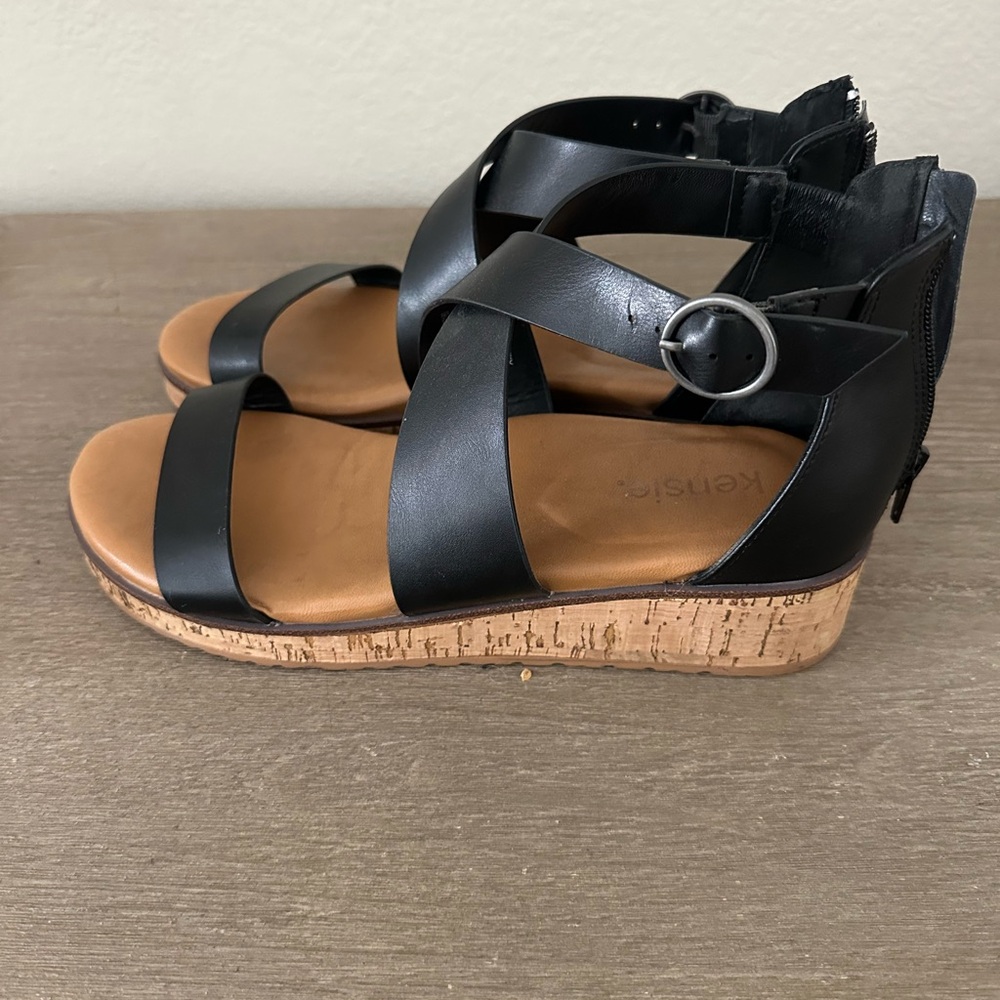 Kensie Black and Brown Wedge Sandals with Cork Platform